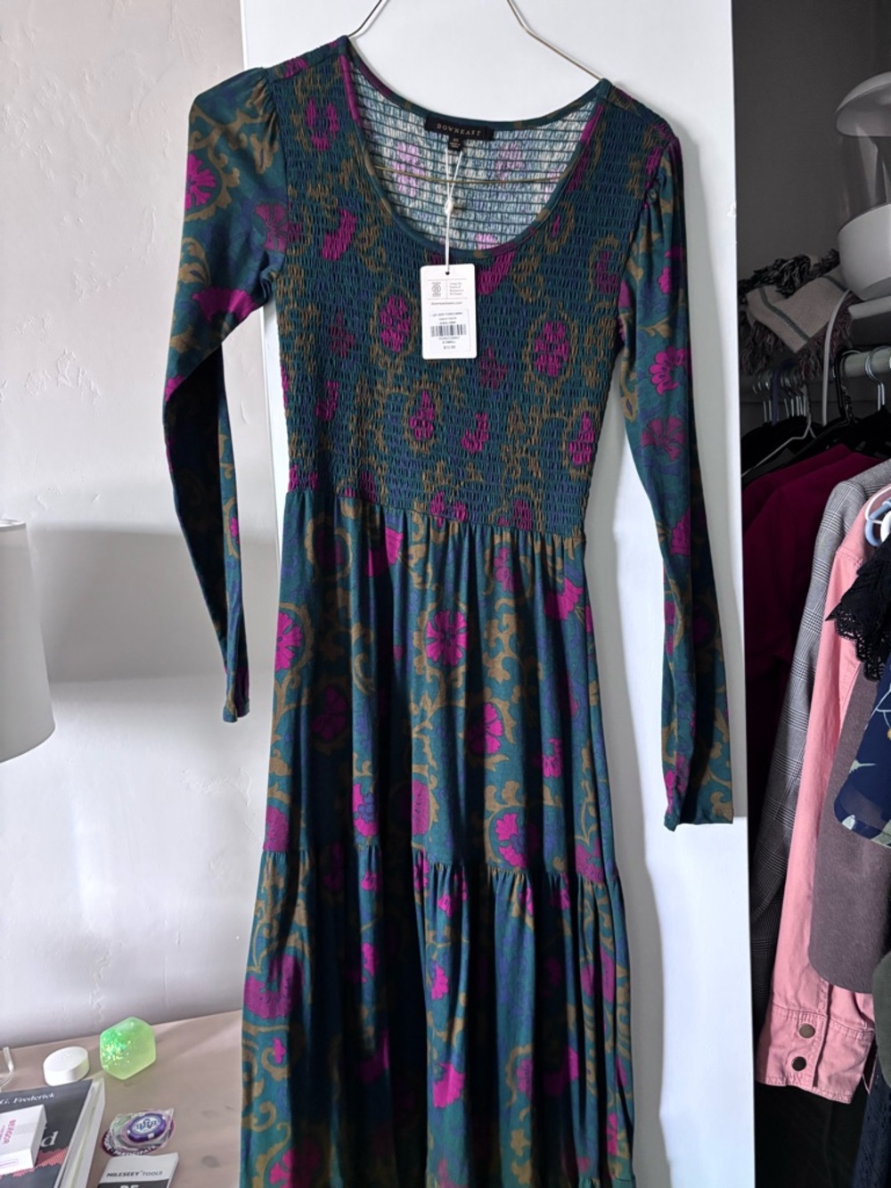 DownEast Jade Tiered Maxi Dress with Magenta & Olive Scroll Print